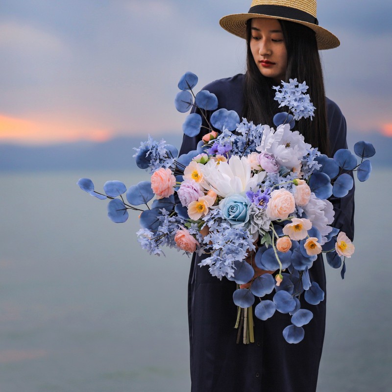 Natural forest style Waterfall holding artificial flowers Bride wedding dress photography props home furnishings floral purple