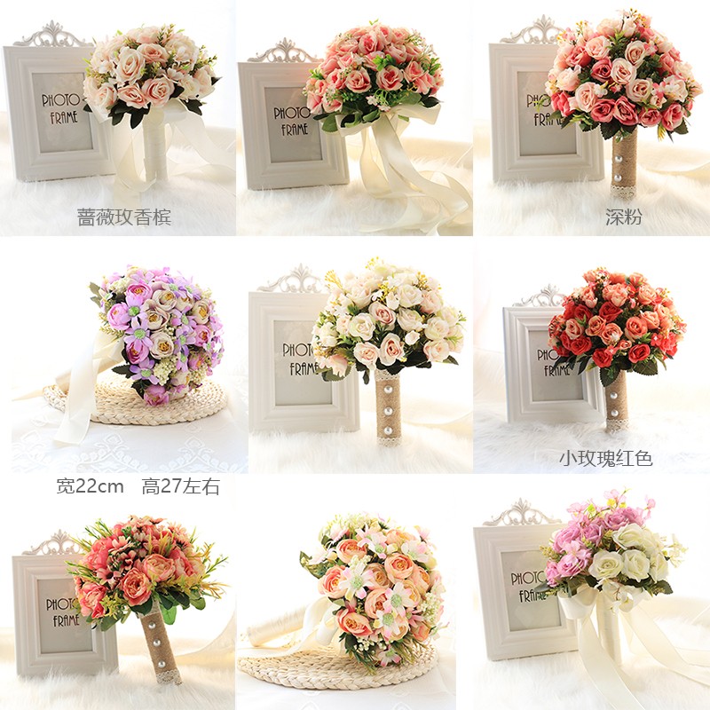 Artificial bridal flower bouquet Silk Roses Flowers Crystal Pearl diamond Wedding hand bride Bouquet supplies