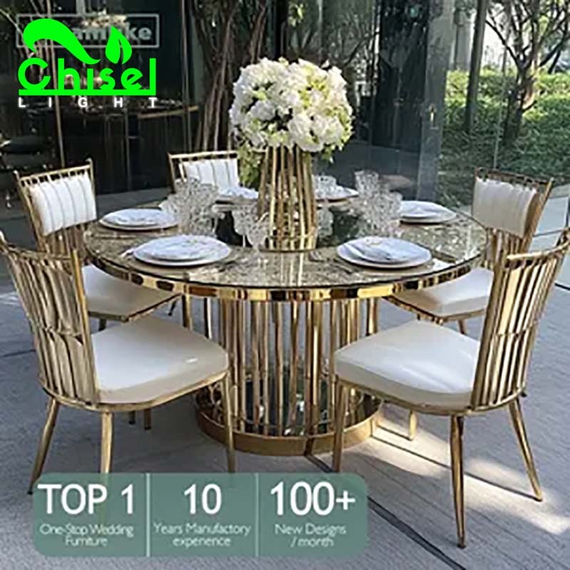 Modern Gold Stainless Steel Banquet Table Rectangular Lux Glass Dining Furniture for Weddings Parties Hotels