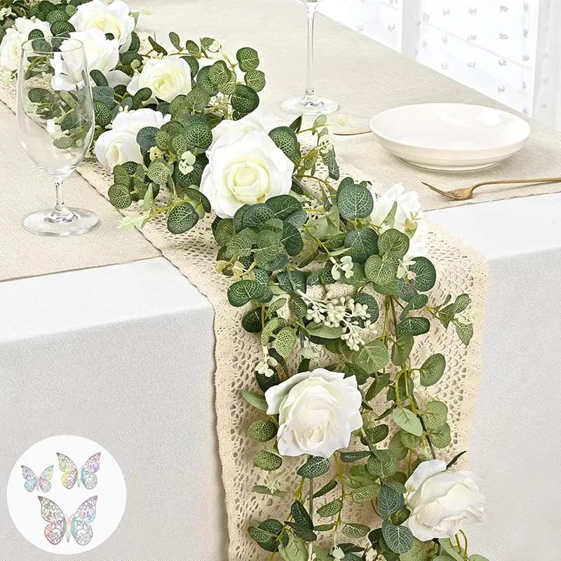 6FT Artificial Eucalyptus Garland with Flowers, 10 White Roses Baby Breath Garland Floral Greenery Garland for Wedding Party Centerpiece Table Runner Backdrop table Decor Decoration