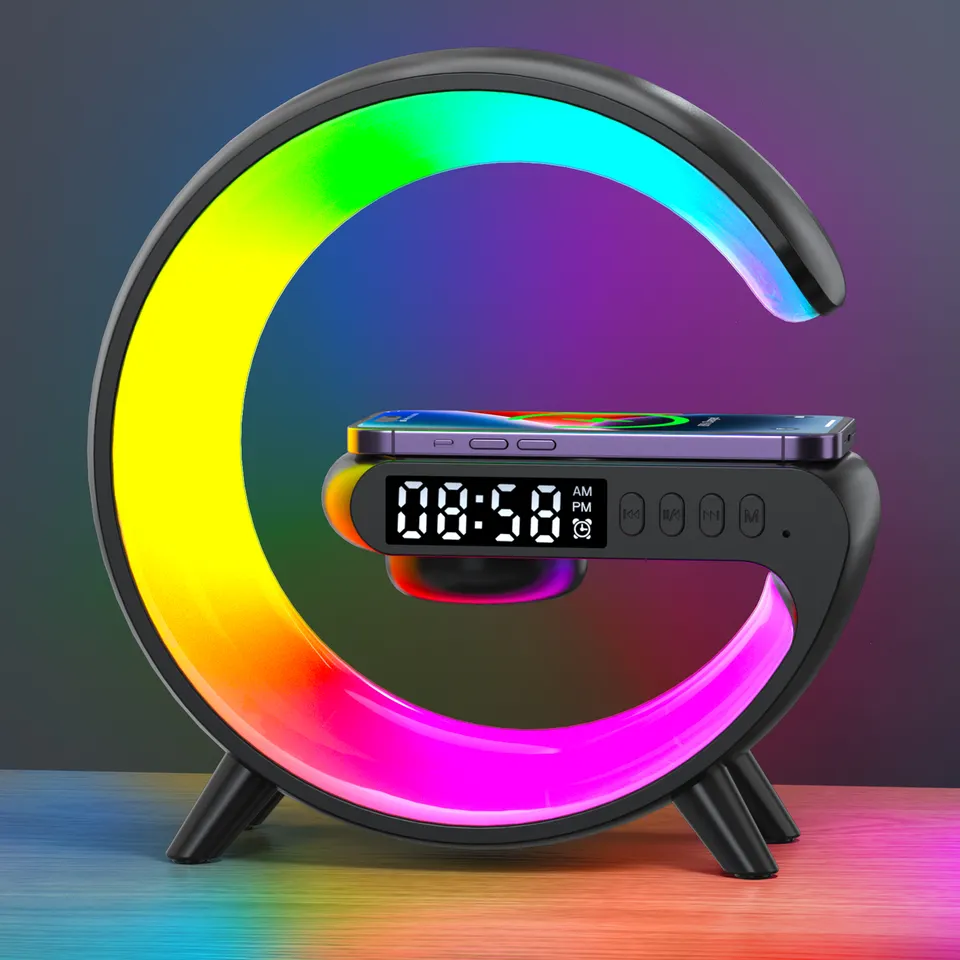 New Wireless Fast Charger with Blue Tooth Speaker Smart Alarm Clocks Sound Light Desk Table Lamp Gift Night for Dorm Kids Adults